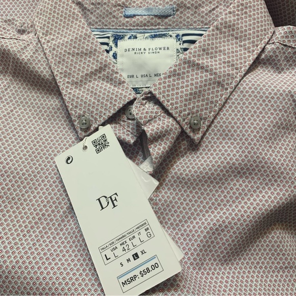 Denim & Flower Long Sleeve Button Up Shirt with Red & Blue Patterns - Picture 3 of 7